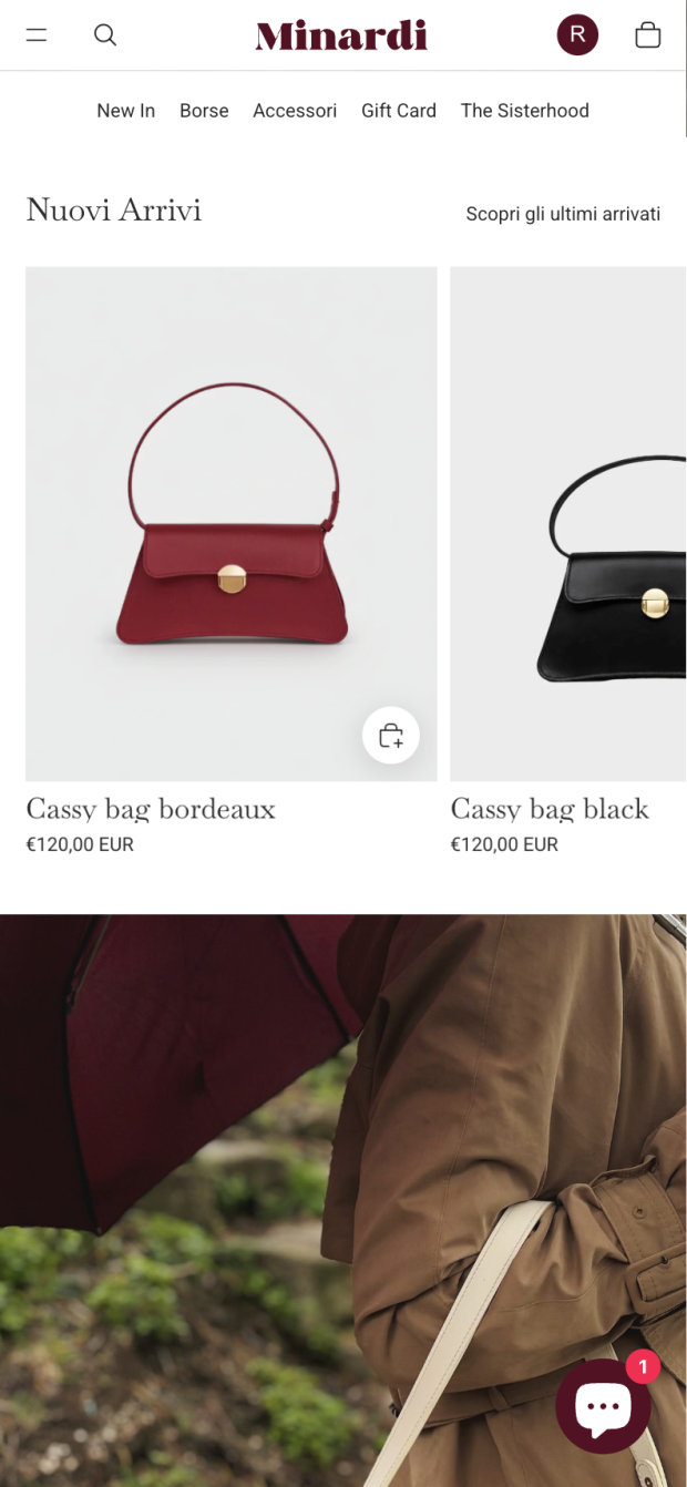 Carosello nuovi in home page e-commerce Shopify di Minardi handbags