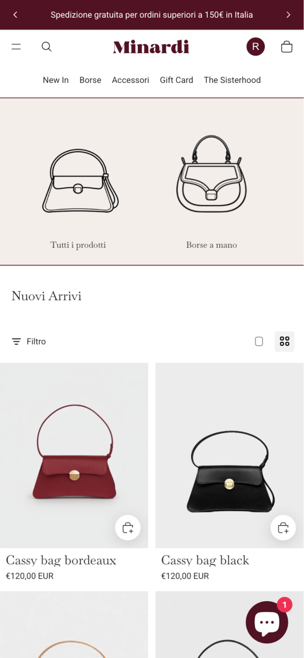 Archivio prodotti in e-commerce Shopify di Minardi Handbags