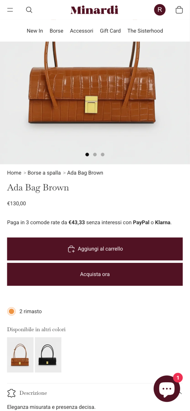 Pagina prodotto e-commerce Shopify di Minardi handbags